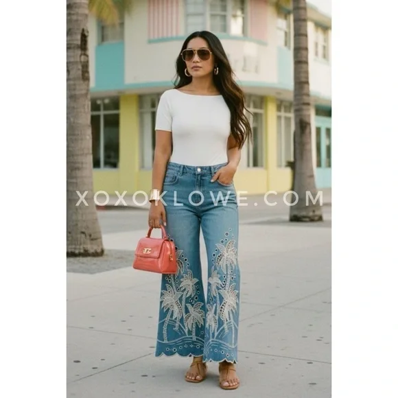 Oli & Hali Palm Tree Eyelet Embroidered Wide Leg Jeans | Mineral Wash Denim - Picture 6 of 8